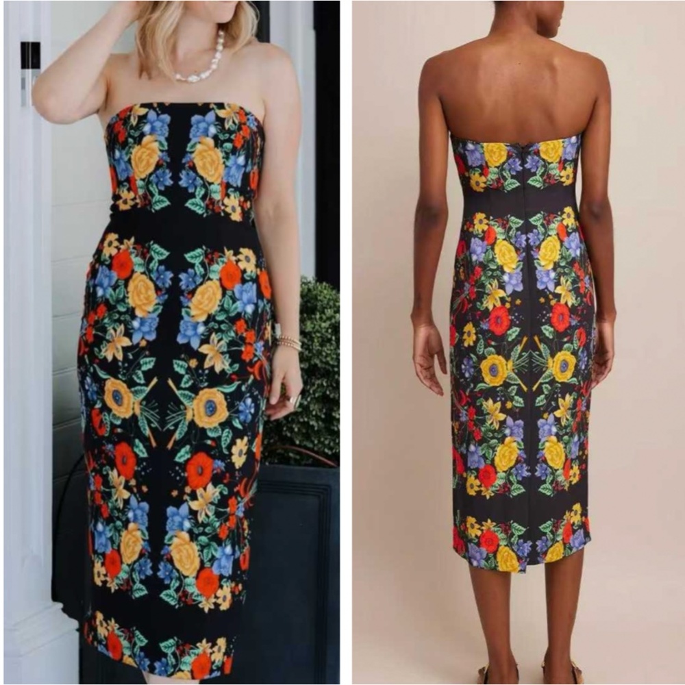 Cara Cara Black Strapless Midi Dress with Yellow, Red & Blue Floral Print